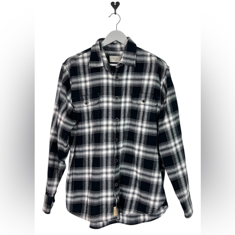 Jachs Flannel Button Up Shirt Men’s‎ Size L Black White Plaid Cotton Long Sleeve